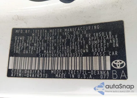 2019 Toyota Corolla Le z USA, uszkodzony, nr VIN 5YFBURHE8KP883937